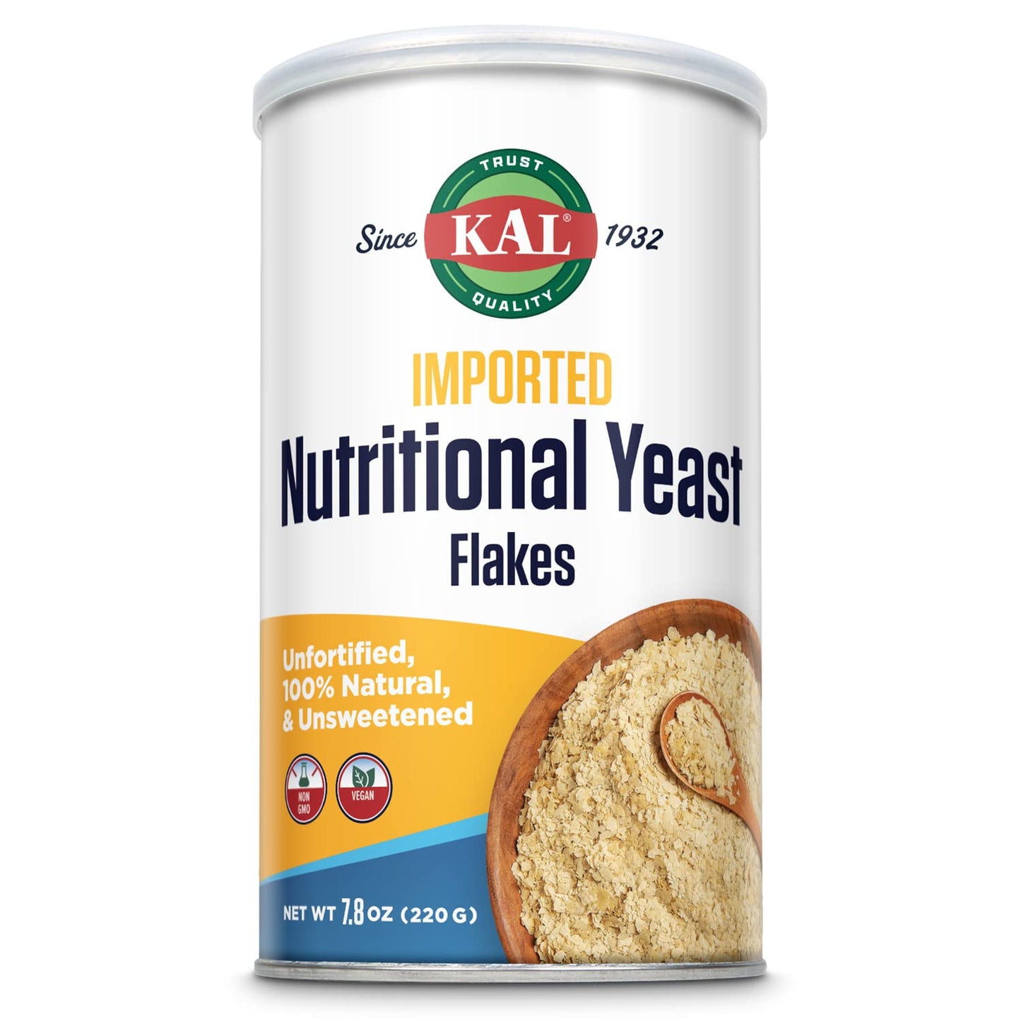 Kal Imported Nutritional Yeast Flakes, Unfortified & Unsweetened Fine Flakes, 100% Natural Source Of Amino Acids & B Vitamins, Great Nutty Flavor, Non-Gmo & Vegan, Approximately 22 Servings, 7.8Oz