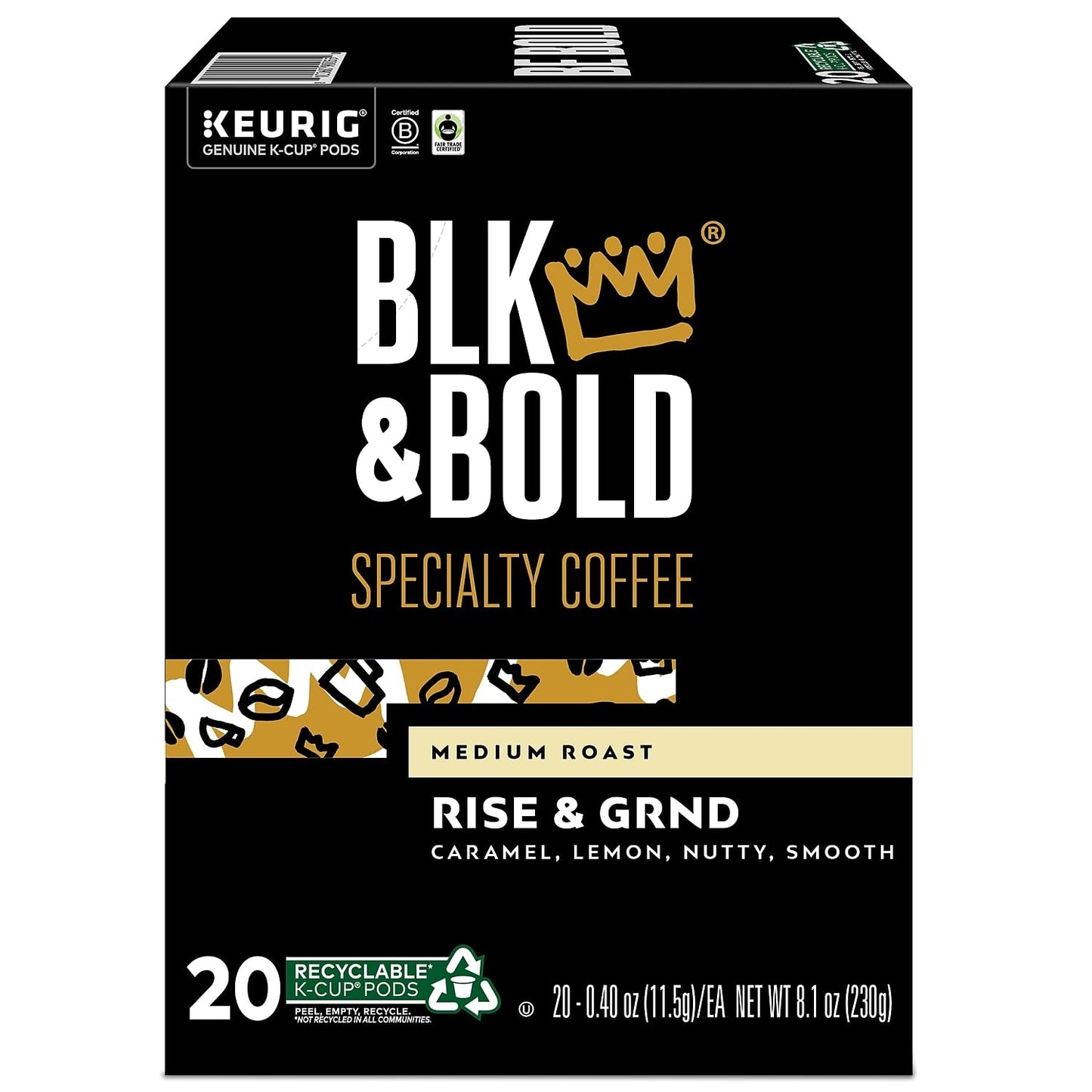 Blk & Bold Rise & Grnd, Keurig Single Serve K-Cup Coffee Pods, Premium Medium Roast, 100% Arabica Beans, 20 Count