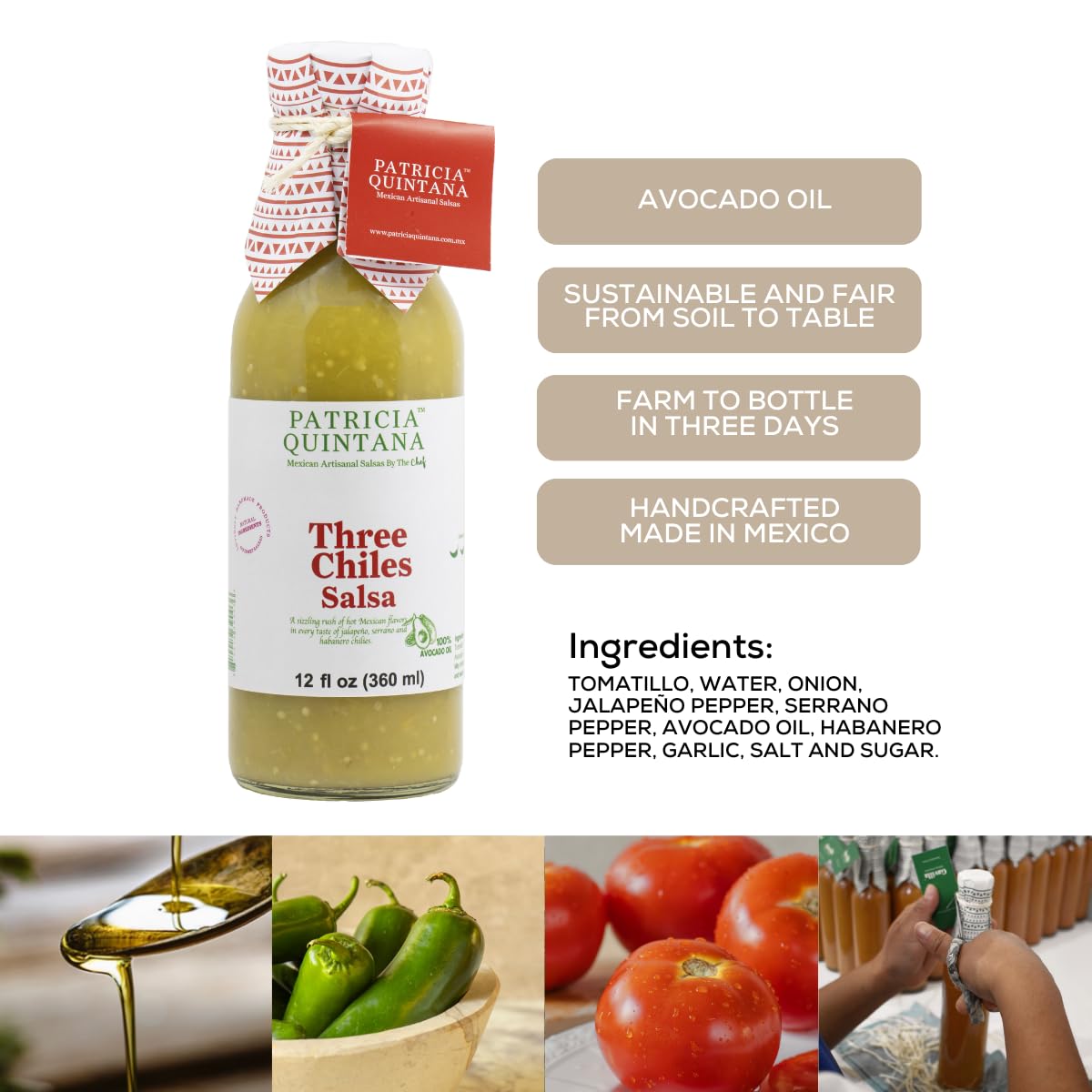Patricia Quintana Three Chiles Salsa - Authentic Artisanal Mexican Ingredients - Perfect Topping To Your Tacos, Burritos, Enchil