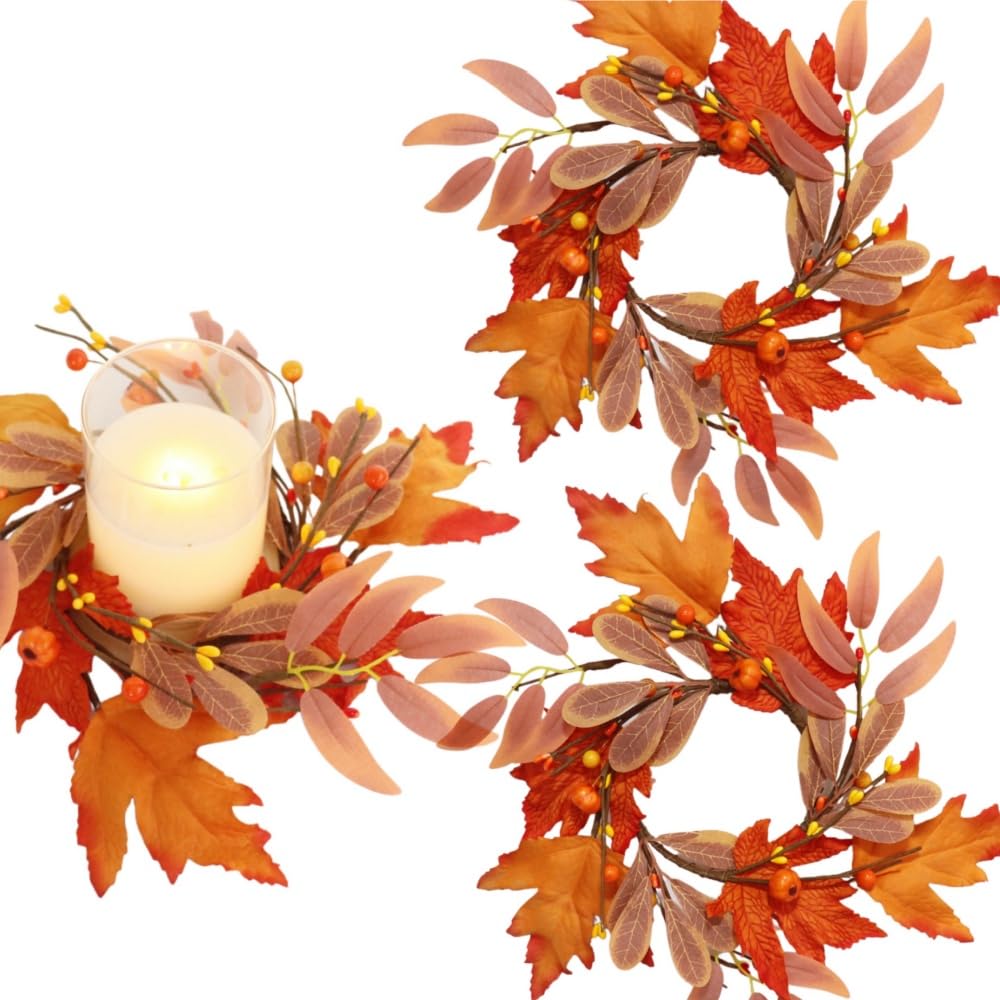napmedon 2 Pieces Pumpkins Candle Rings Wreaths Mini Autumn Decoration 10inch Orange Silk DTM0096-2pc