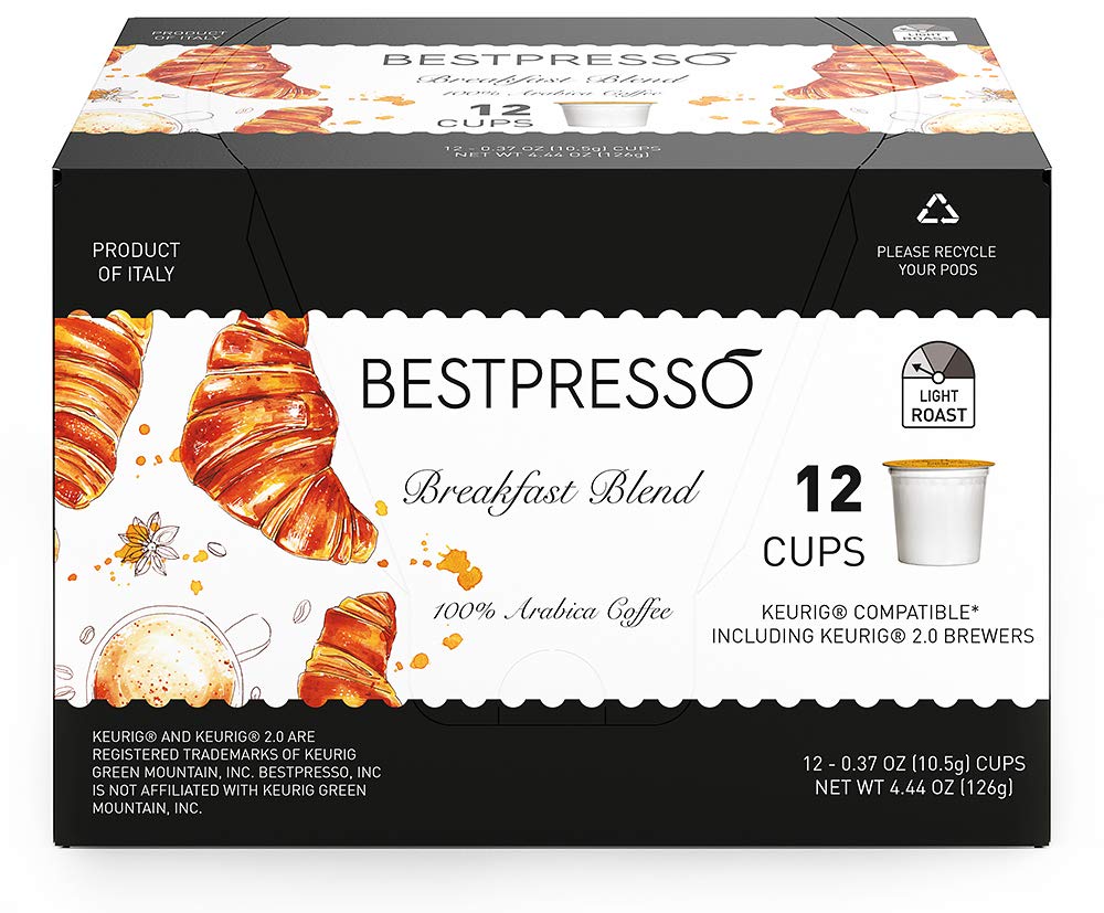 Bestpresso Coffee, Breakfast Blend Light Roast Single Serve K-Cup Pods, 96 Count (Compatible With 2.0 Keurig Malt-Inspired) 8 Packs Of 12 Cups