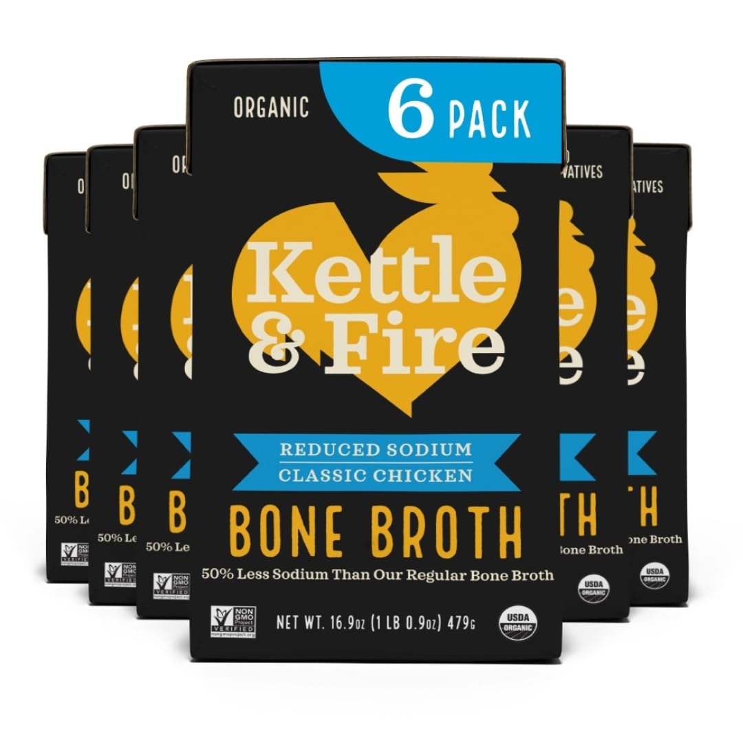 Kettle and Fire Reduce Sodium Chicken Organic Bone Broth, Keto, Paleo, Whole 30 Approved, Gluten Free, 17g of Protein, Natural S