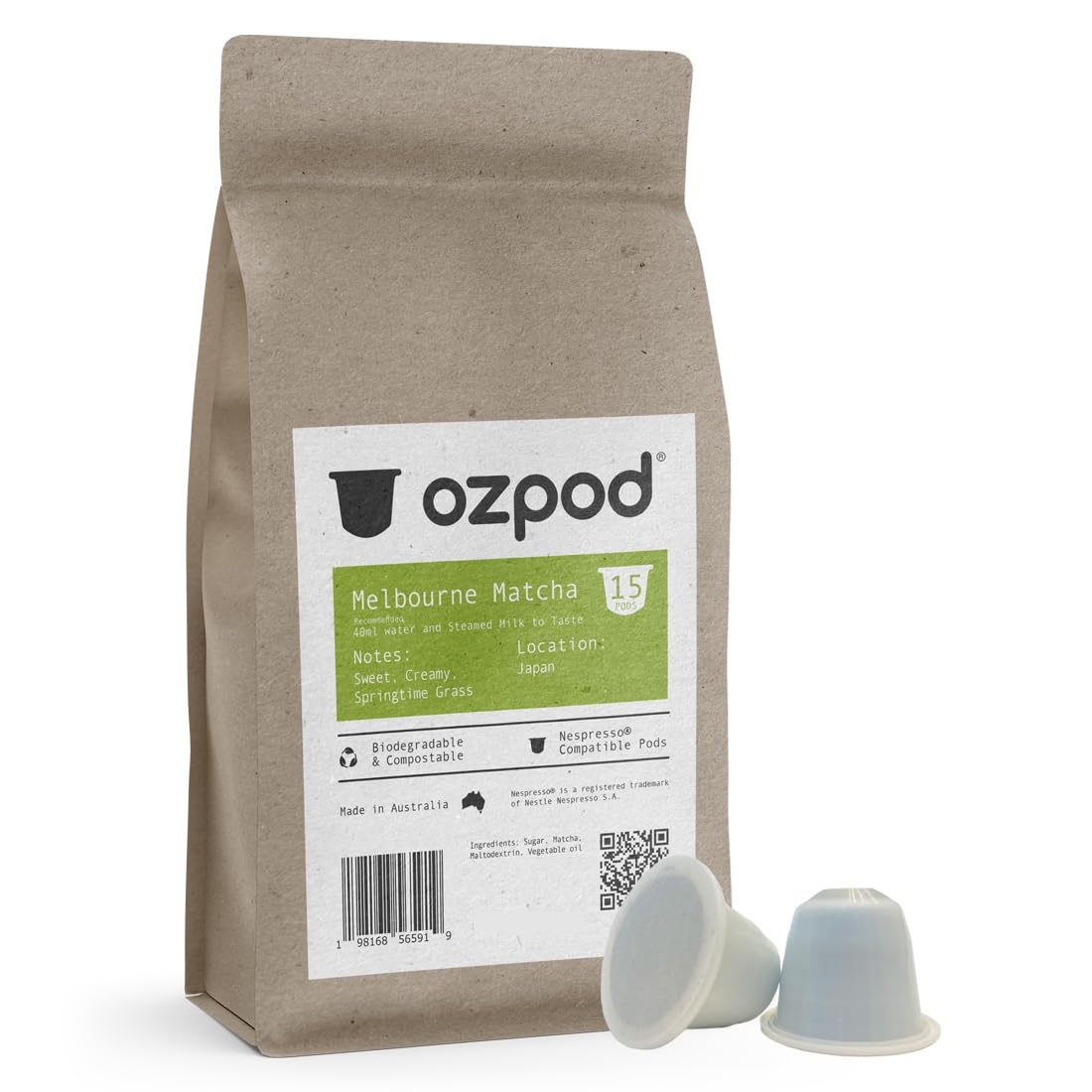 OzPod Matcha Green Tea Pods, Compatible with Nespresso Original, 100% Compostable, 15 Count