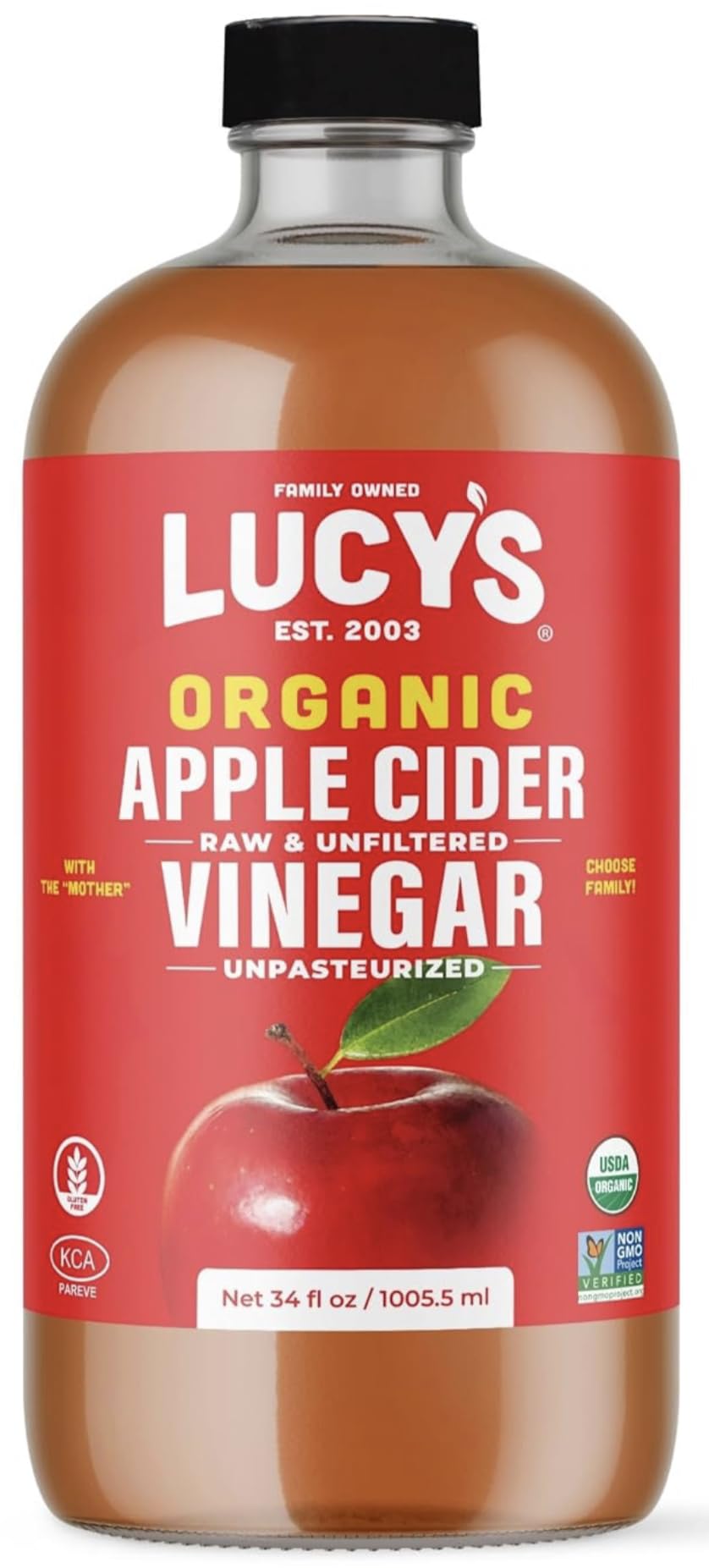 Lucys Organic Raw Apple Cider Vinegar, Unfiltered, 34oz Glass Bottle