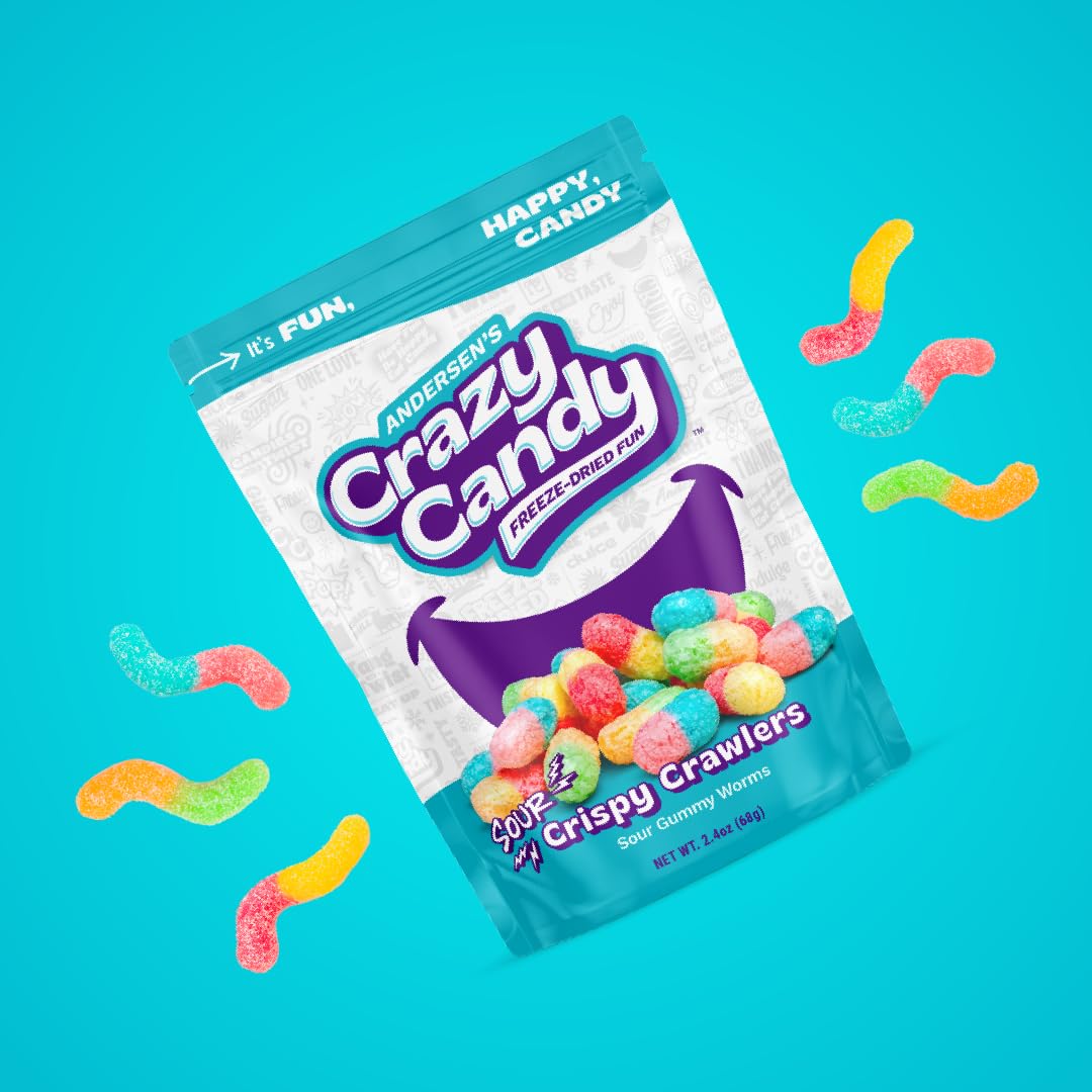 ANDERSENS Crazy Candy Freeze Dried Sour Gummy Worms - Tangy Crunchy  , 2.4 Ounce