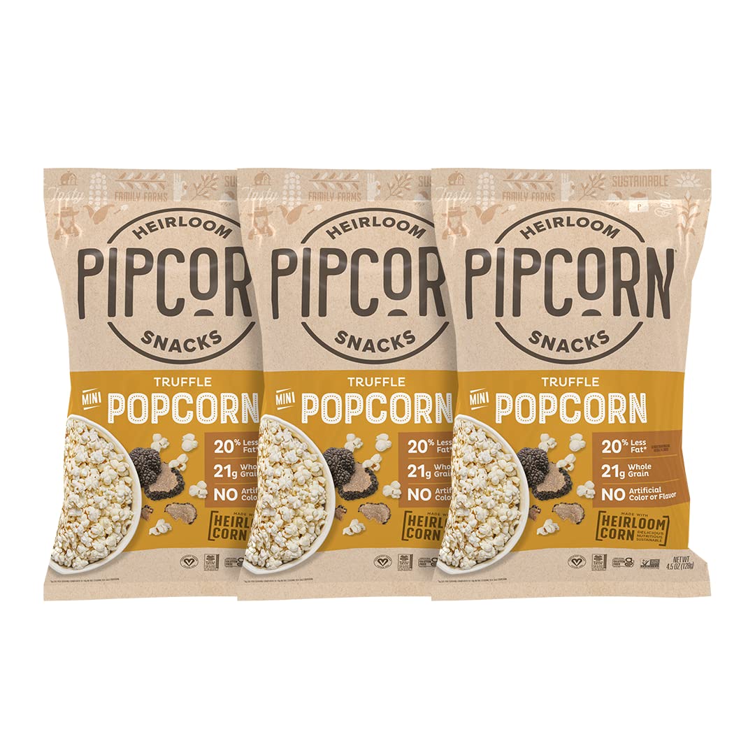 Pipcorn Heirloom Truffle Mini Popcorn - (3 Pack of 4.5oz Bags) - Vegan, No Artificial Anything, Non-GMO Heirloom Corn, No Preser