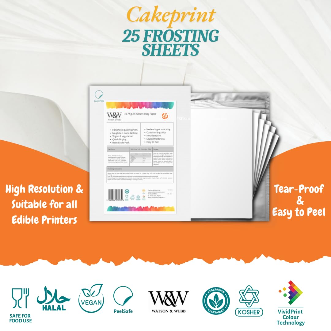Watson & Webb Edible Frosting Sheets 8.5 x 11, 25 Count, Vegan, Gluten-Free, Easy-Peel, White