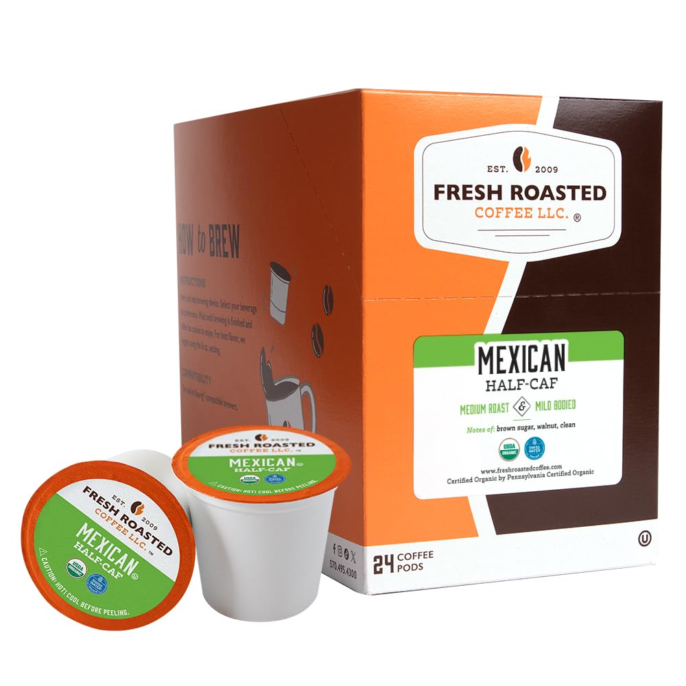 Fresh Roasted Coffee Organic Mexican Swiss Water Half-Caf K-Cup Compatible 24 Pods
