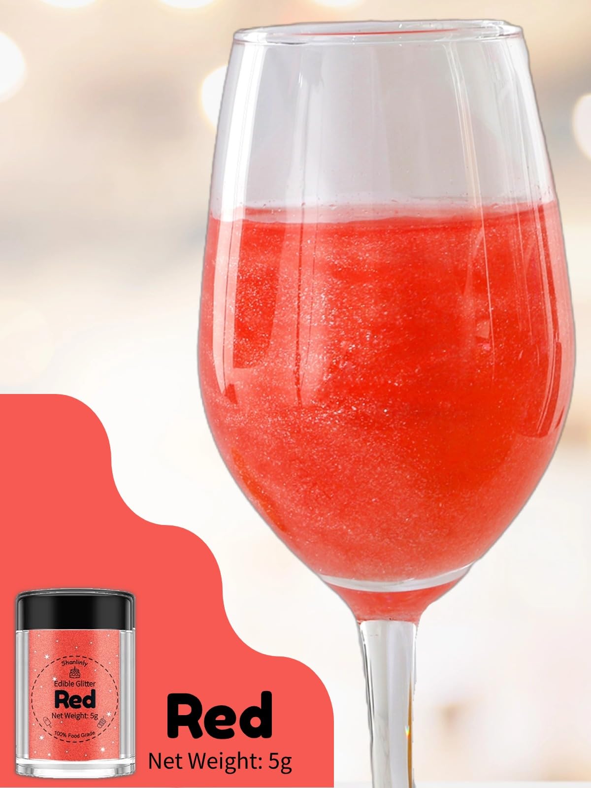 Shanlinly Red Edible Glitter - Food Grade Shimmer Dust for Cakes, Cookies, Cocktails, 5g