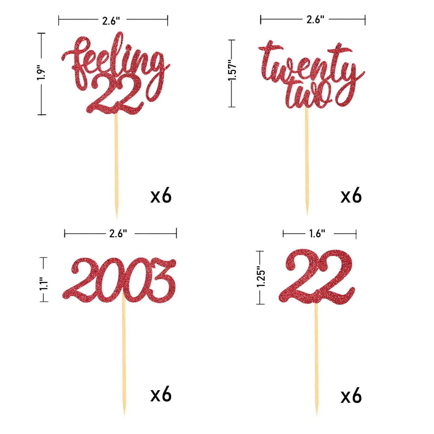 Moitkptt 24pcs Cupcake Toppers, Cardboard, 4.5x0.15 inches, Red, Twenty Two Birthday Cake Decorations