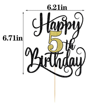 Ruscalin Happy 5Th Birthday Cake Topper,5Th Birthday Party Cake Decorations (Black And Gold Flashes, 5Th)