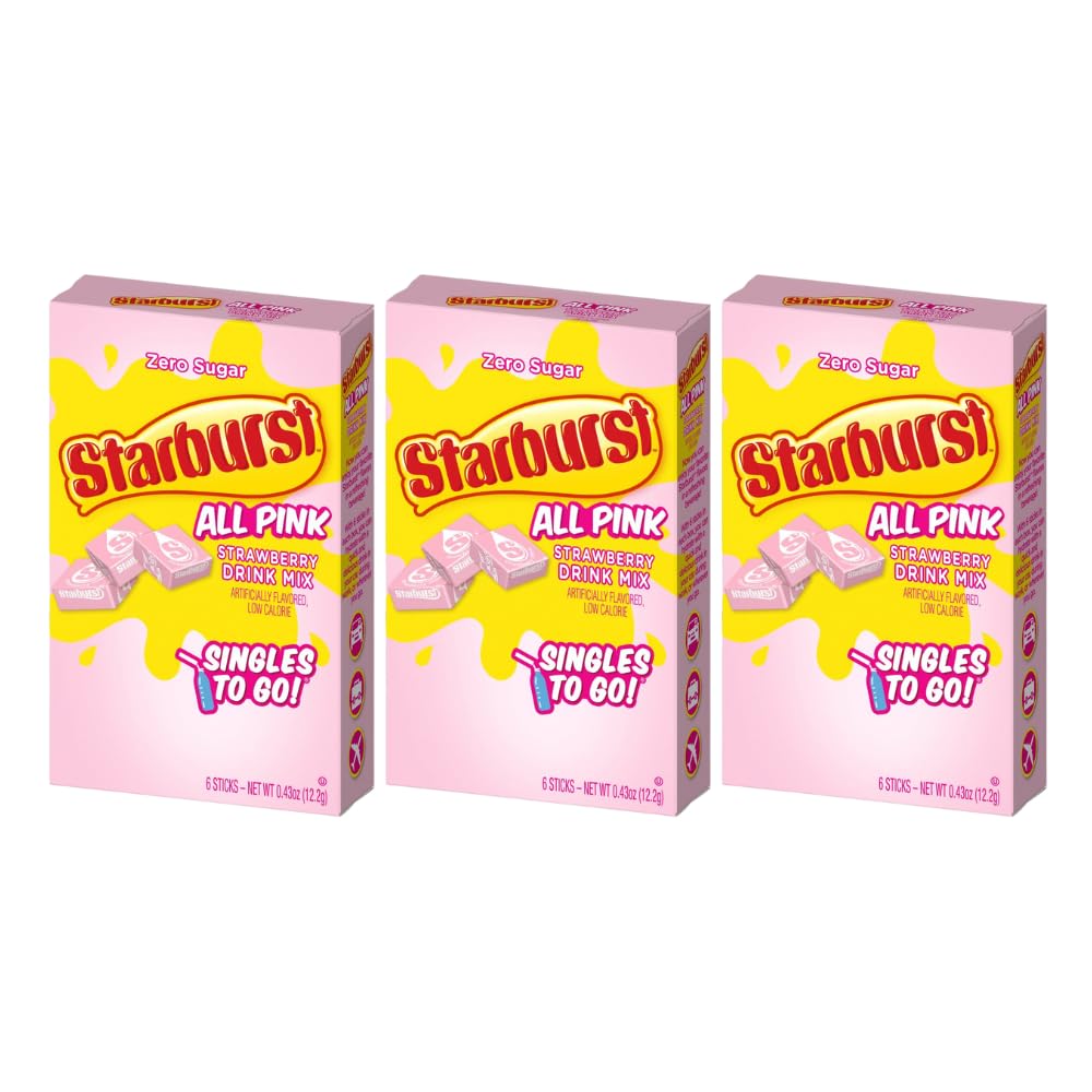 Starburst Singles To Go Powdered Drink Mix, All Pink Strawberry, 3 Boxes With 6 Packets Each - 18 Total Servings, Sugar-Free Dri
