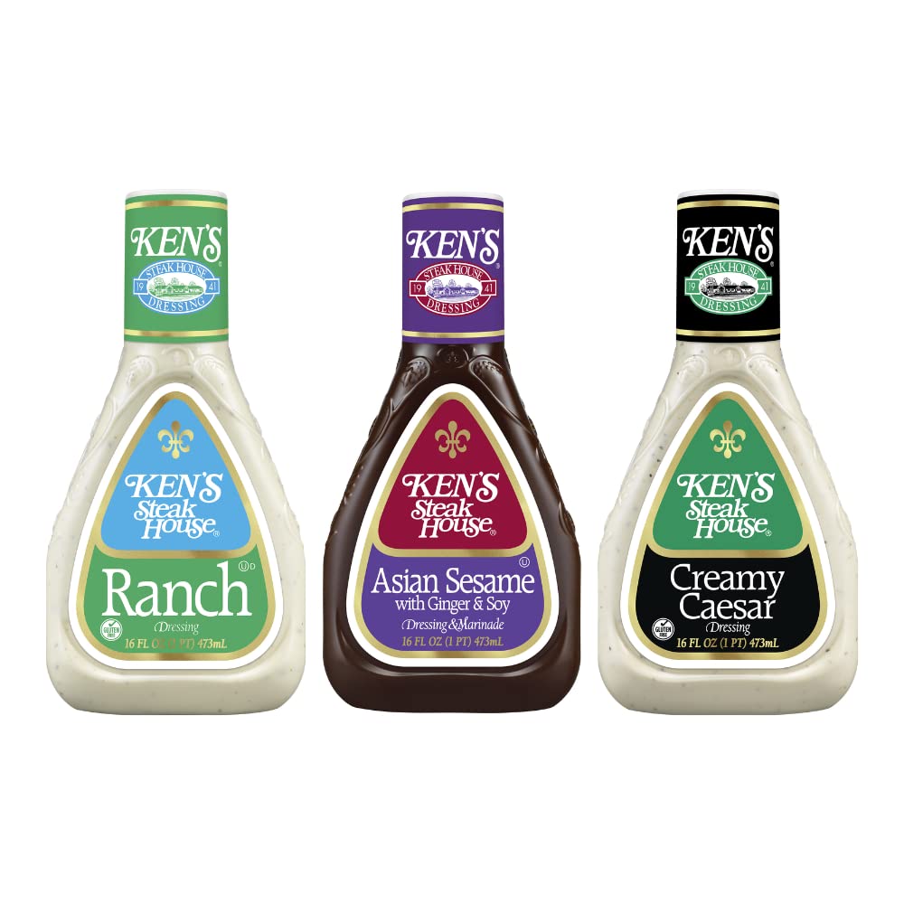 Kens Steak House Creamy Caesar, Ranch, Asian Sesame Dressing Variety Pack, 16 FL OZ (3 Count)