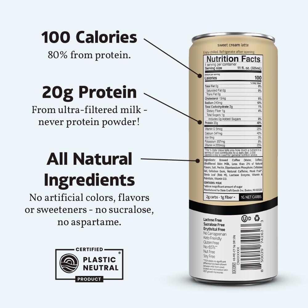 Slate Milk - High Protein Iced Coffee - Sweet Cream Latte - 175Mg Caffeine, Lactose Free Energy - 20G Protein, 1G Sugar, 100 Calories, 1G Net Carbs, No Sugar Added - Protein Coffee - 11 Fl Oz, 12 Cans