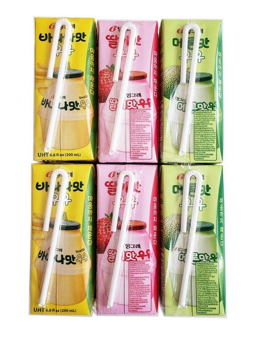 Binggrae Variety Milk Drink, Banana Strawberry Melon Flavors, 6.8 Fl Oz, Pack of 6