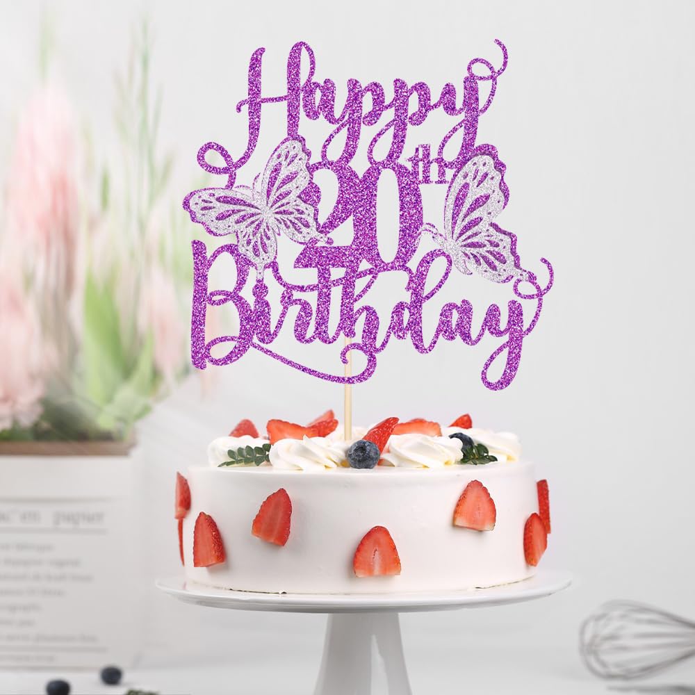 Kaoenla Butterfly Happy 20th Birthday Cake Topper, Purple Glitter 3D Decor