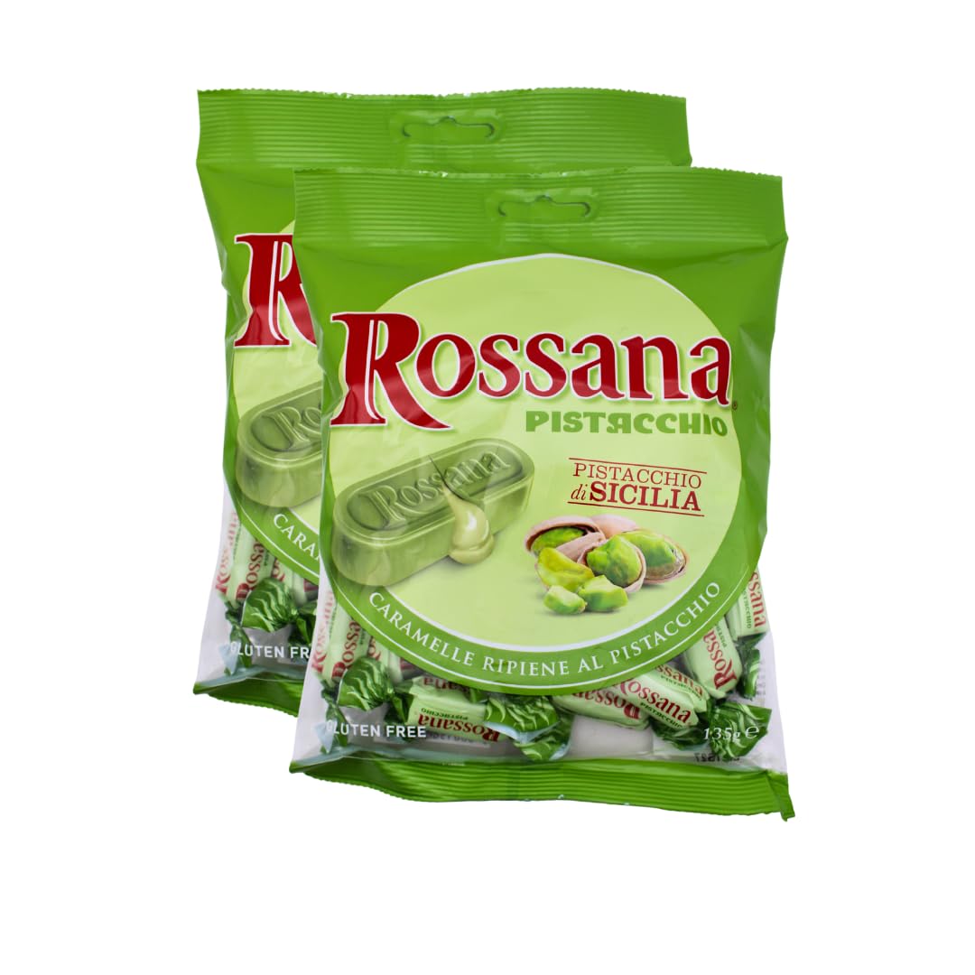 Fida Rossana Pistacchio Hard Filled Candy  Pistachio  135 Grams  Pack Of 2  Imported Italian Candy  Packed In A Blue Desert Market Bag