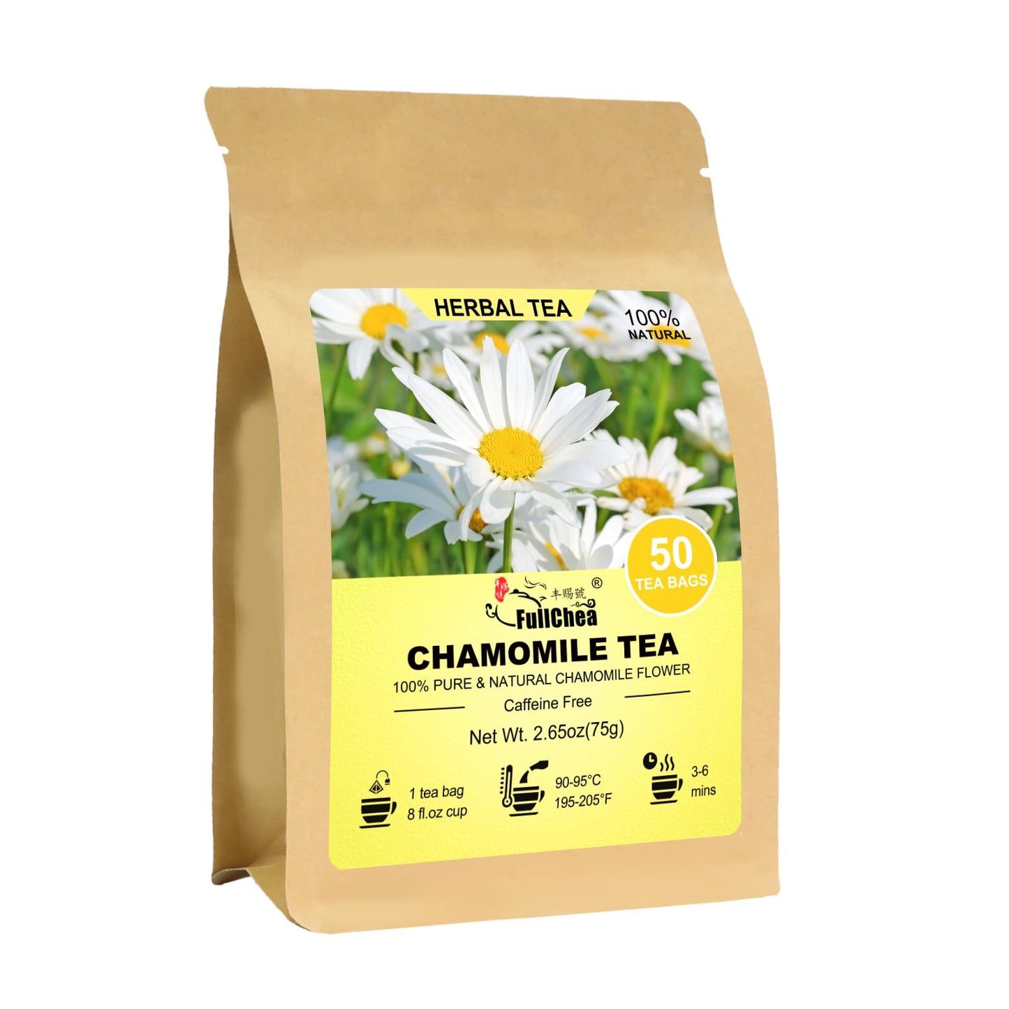 FullChea Chamomile Tea Bags - 50 Count, Caffeine-Free Herbal Tea for Relaxation, Non-GMO, Supports Digestion and Immune System