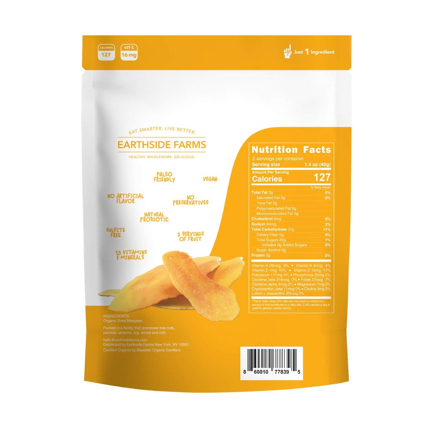 Earthside Farms Organic Dried Mangoes, Plain Dried Mangoes, Gluten Free, No Added Sugar, Organic, Naturally Sweet And Flavorful