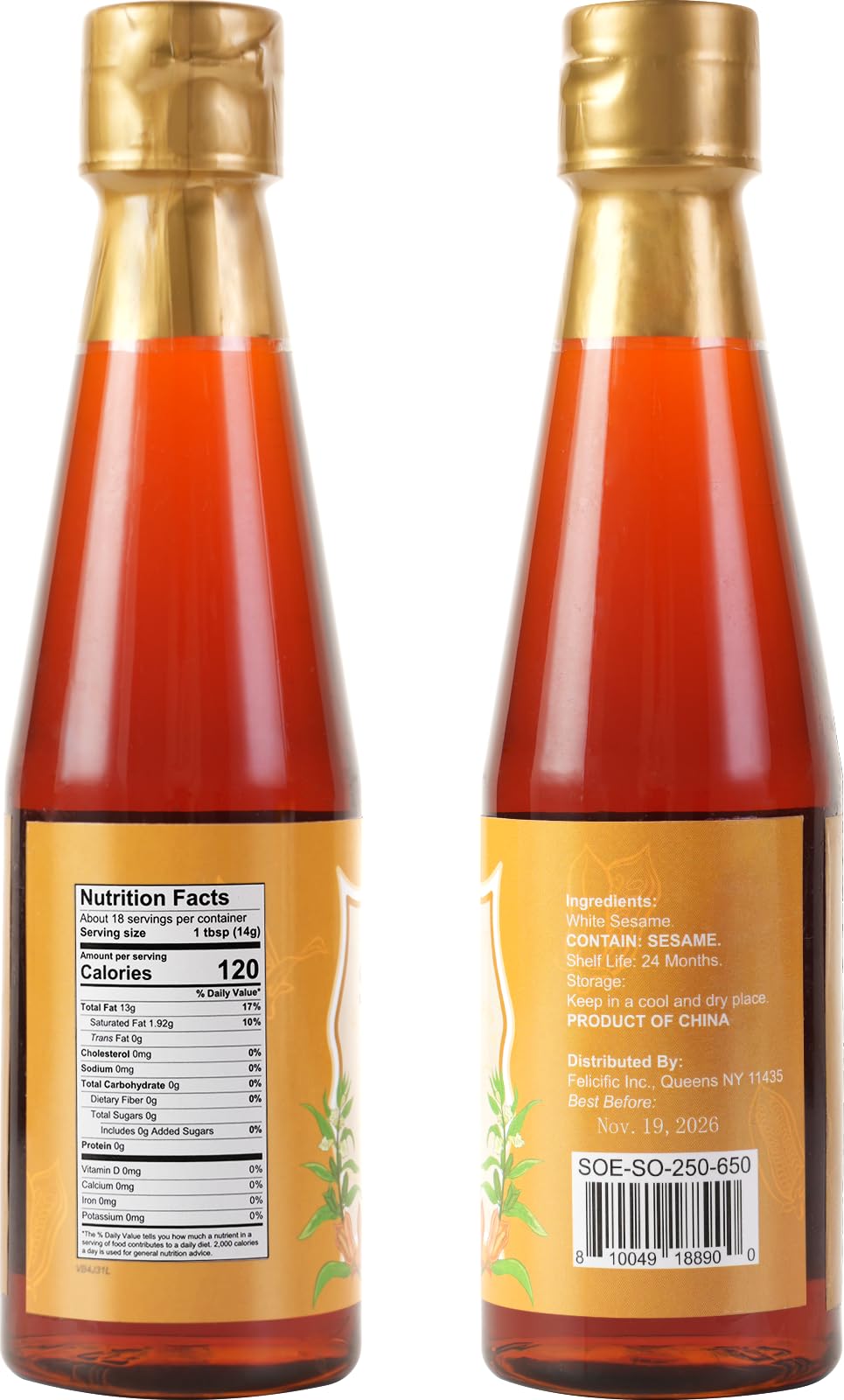 Soeos Sesame Oil, Toasted Sesame Seed Oil, 8.45 Fl Oz (250 Ml), Nutty Flavor, Perfect For Asian Food, Noodles, Soup, Baking, And