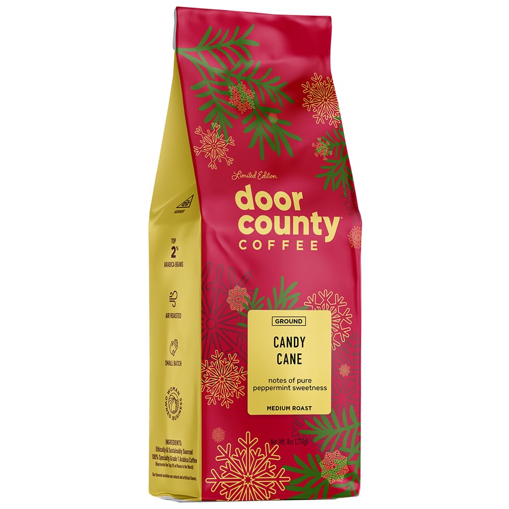 Door County Coffee Candy Cane Flavored Coffee Ground, Medium Roast, 8oz Bag