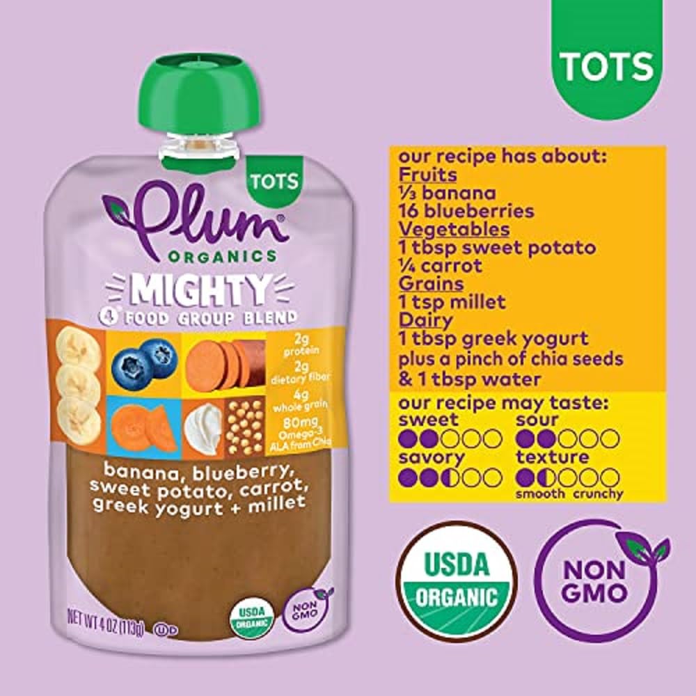 Plum Organics Mighty 4 Organic Toddler Food - Banana, Blueberry, Sweet Potato, Carrot, Greek Yogurt, And Millet - 4 Oz Pouch (Pa