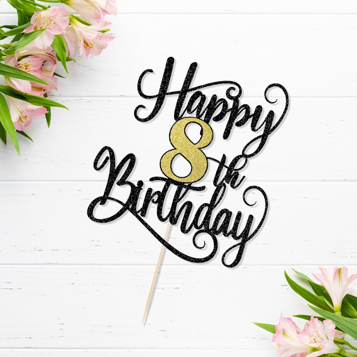 Happy 8Th Birthday Cake Topper, 8 Birthday Party Cake Decorations (Black And Gold Flashes, 8Th)