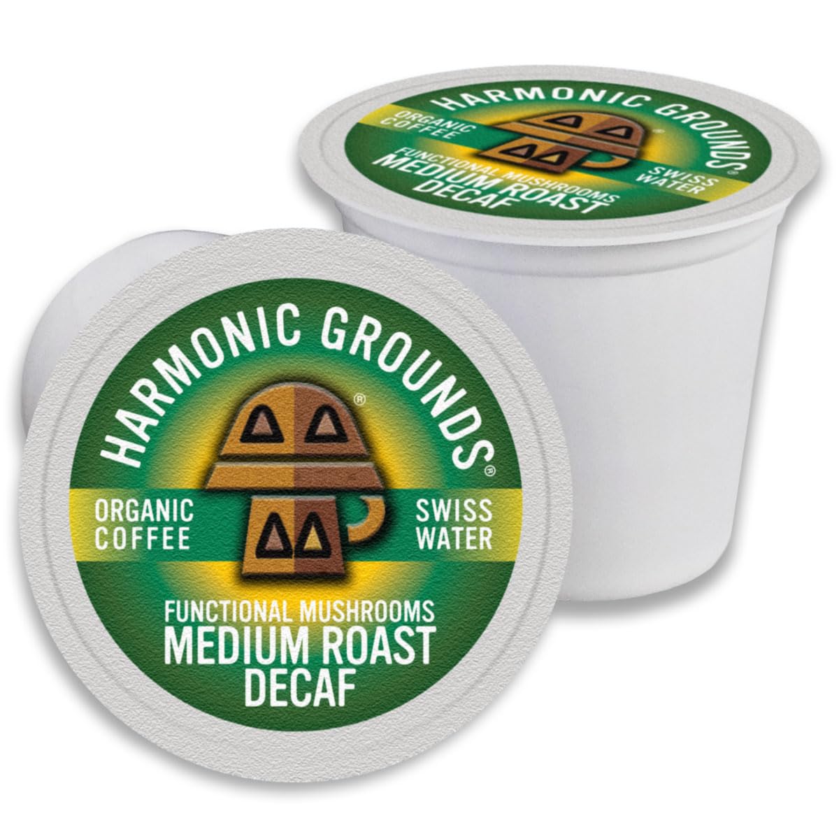 Harmonic Grounds Organic Decaf Mushroom Coffee Pods - Medium Roast with Lions Mane, Reishi, Chaga & Cordyceps - 34 Count Compatible with Keurig