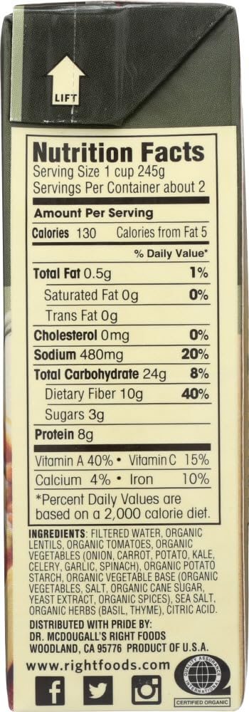 Dr. Mcdougall'S Right Foods Organic Vegetable Soup, Lentil, 18-Ounce (Pack Of 6)