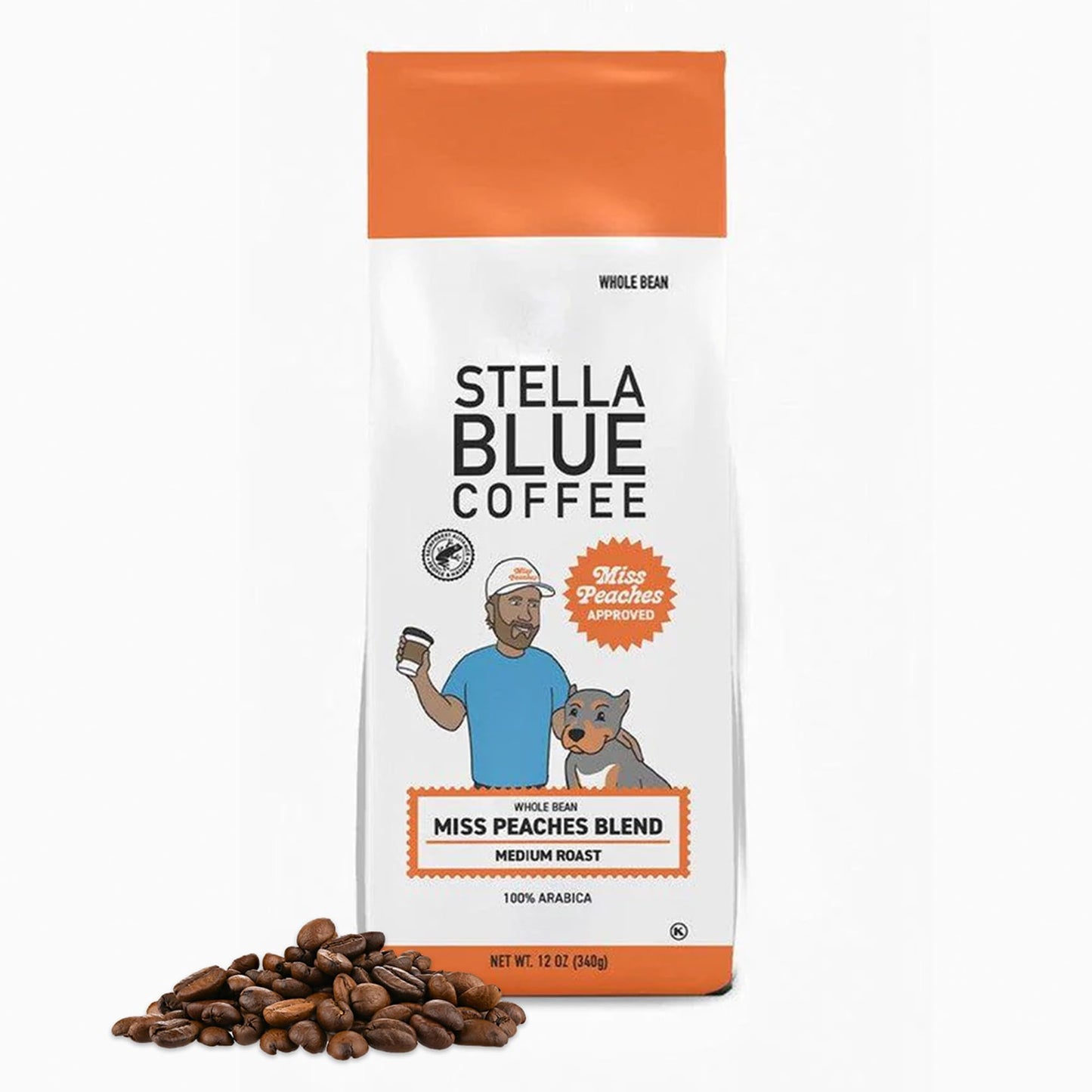 Stella Blue Fresh Whole Bean Coffee, Miss Peaches Blend, 100% Arabica Medium Roast, 12 oz Bag, Ethically Sourced