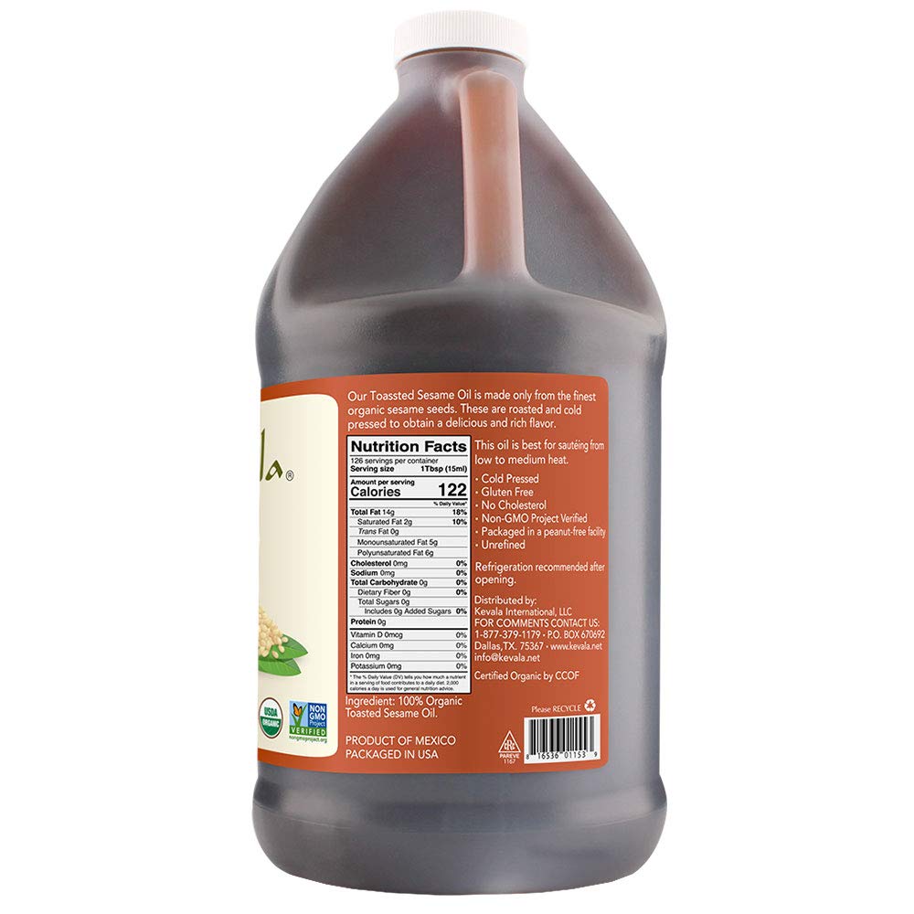 Kevala Organic Toasted Sesame Oil - 64 fl oz - 1/2 Gallon - Cold Pressed - Cooking Oil - Roasted Sesame Seeds - Unrefined