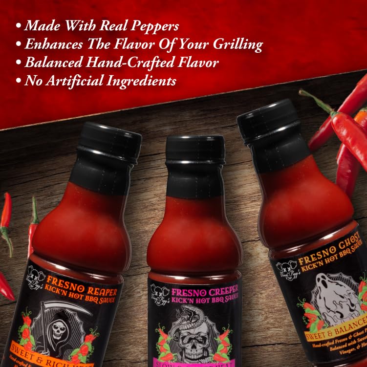 Tony Pigg'S Kick'N Hot Bbq Sauce Value Pack (3 Pk, 19Oz Ea- Fresno Reaper, Ghost, Creeper)- Hand Crafted Barbecue Sauce W Fresh Pepper Heat -Great For Thanksgiving Turkey Dinner- Grilling Gift For Men