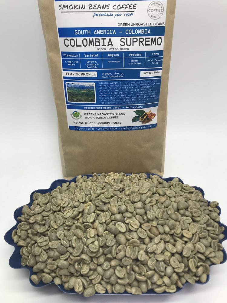 Smokin Beans 5-Pound Colombia Supremo Unroasted Green Arabica Coffee Beans Specialty Grade