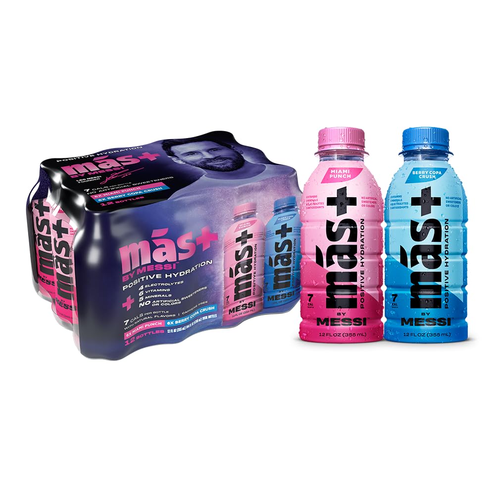 Más+ by Messi Sports Drink, Natural Flavors with Vitamins & Electrolytes, 12 Fl Oz, 12-Pack, No Artificial Sweeteners or Colors