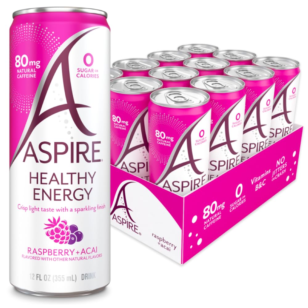 Aspire Raspberry Acai  Healthy Energy Drink 80Mg Natural Energy Blend  Zero Sugar No Carbs Keto Friendly  12 Pack Green Tea Sugar Free Drink Low Energy Blend Zero Calorie