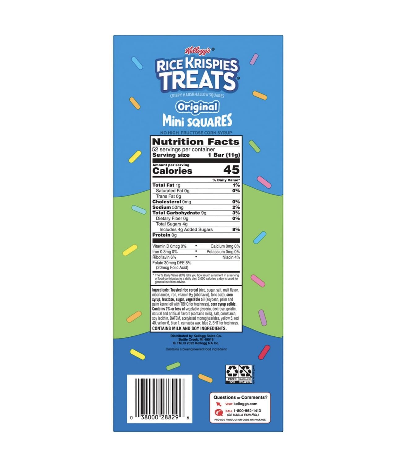 Kellogg's Rice Krispies Treats Mini Squares, Original with Rainbow Sprinkles, 52 ct., 0.01 Ounce