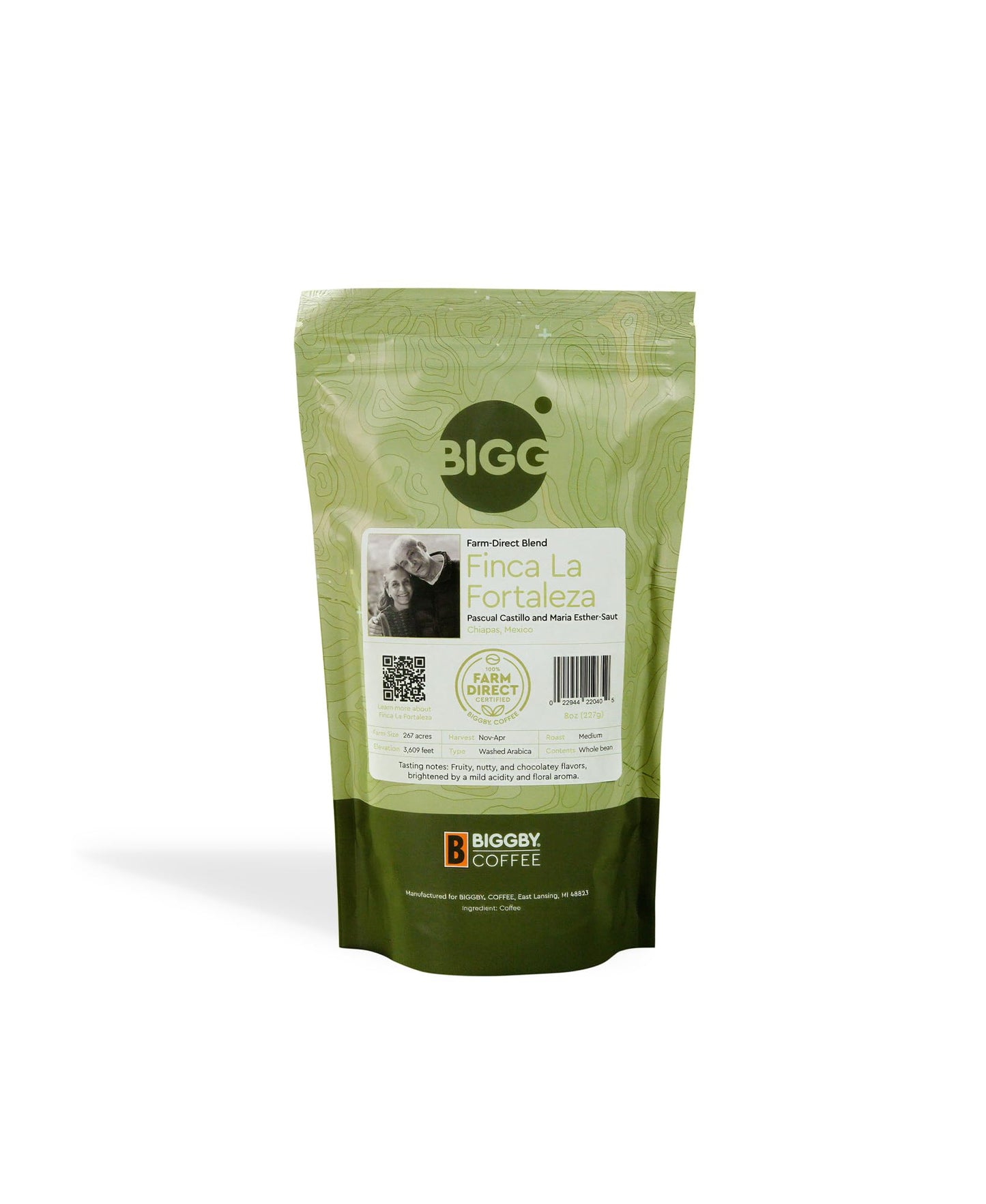 BIGGBY La Fortaleza Whole Bean Coffee,100% Farm-Direct, 8oz Bag, Medium Roasted