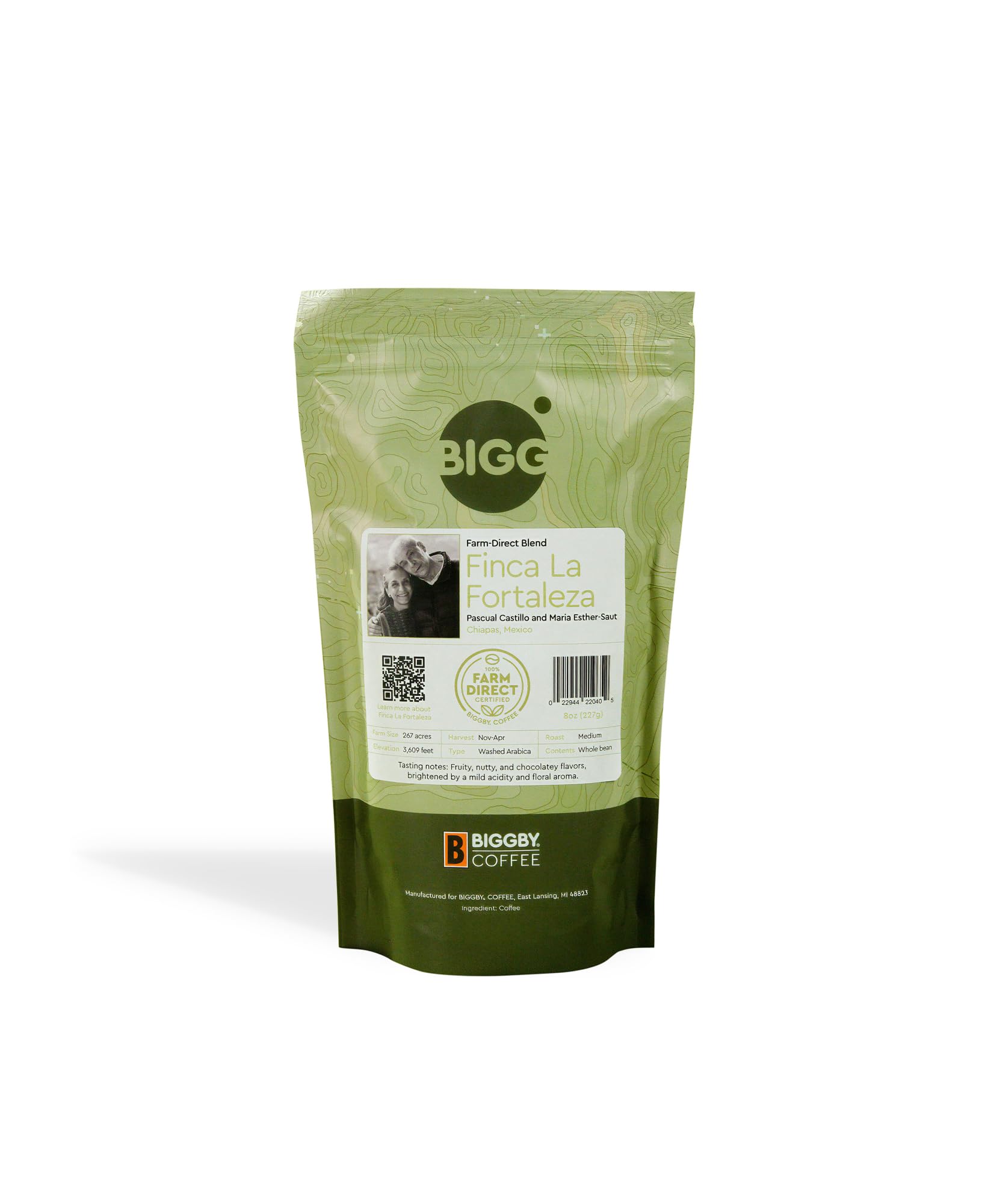 BIGGBY La Fortaleza Whole Bean Coffee,100% Farm-Direct, 8oz Bag, Medium Roasted