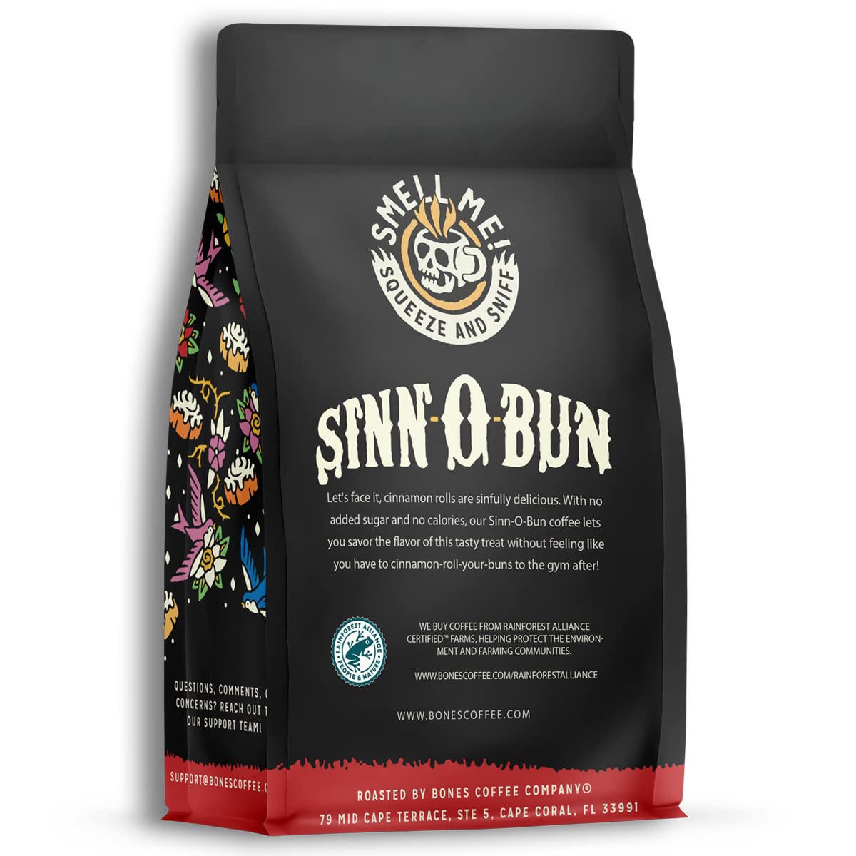 Bones Coffee Company Sinn O Bun Ground Coffee Beans, Cinnamon Roll Flavor, Low Acid Flavored Coffee, Made with Arabica Coffee