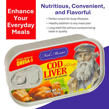 Fish Meister Canned Cod Liver in Oil - Wild Caught, Omega-3, Ideal for Spreads & Gourmet Dishes - 3-Pack