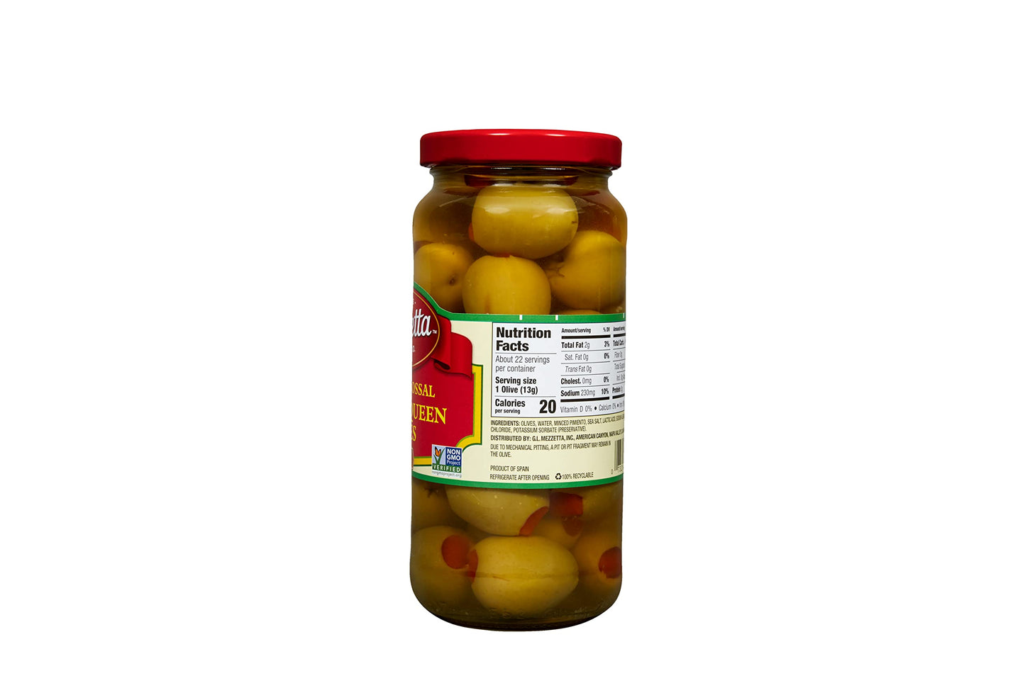 Mezzetta Super Colossal Spanish Queen Olives Pimiento Stuffed | Non-Gmo, Gluten Free | 10 Ounce Drained Weight (Pack Of 6)