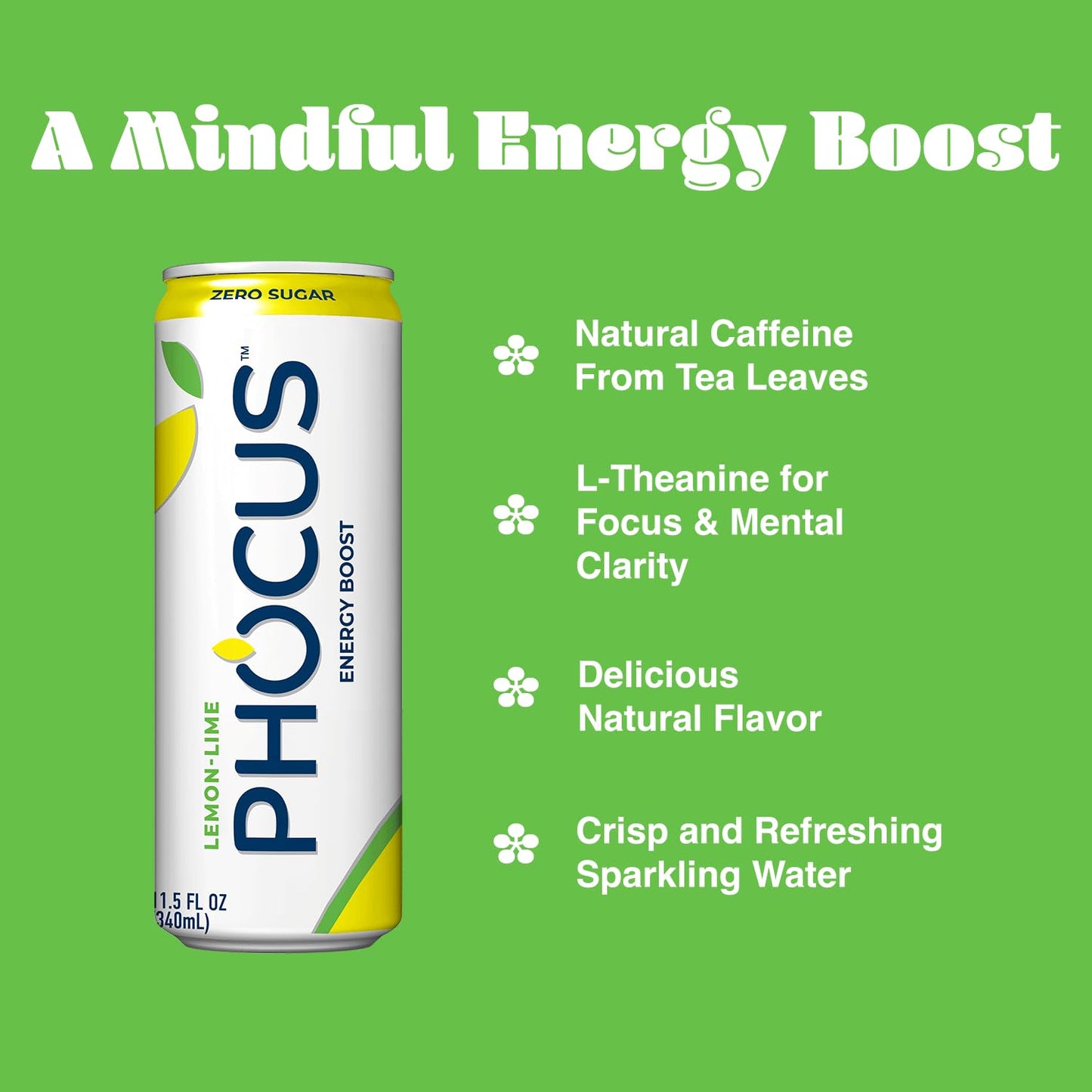 PHOCUS Energy Drink  Lemon Lime Sparkling Water  75mg Natural Caffeine Plus L-Theanine  Zero Sugar  Zero Calories  No Artificial Sweeteners  11.5 fl oz Cans (Pack of 12)