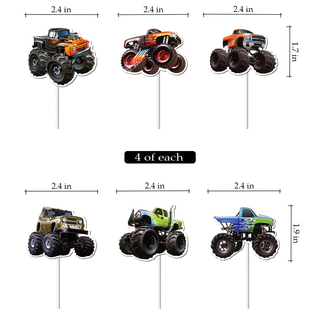 24 Pcs Monster Truck Cupcake Toppers For Boys Girls - Theme Birthday Party Decorations Supplies