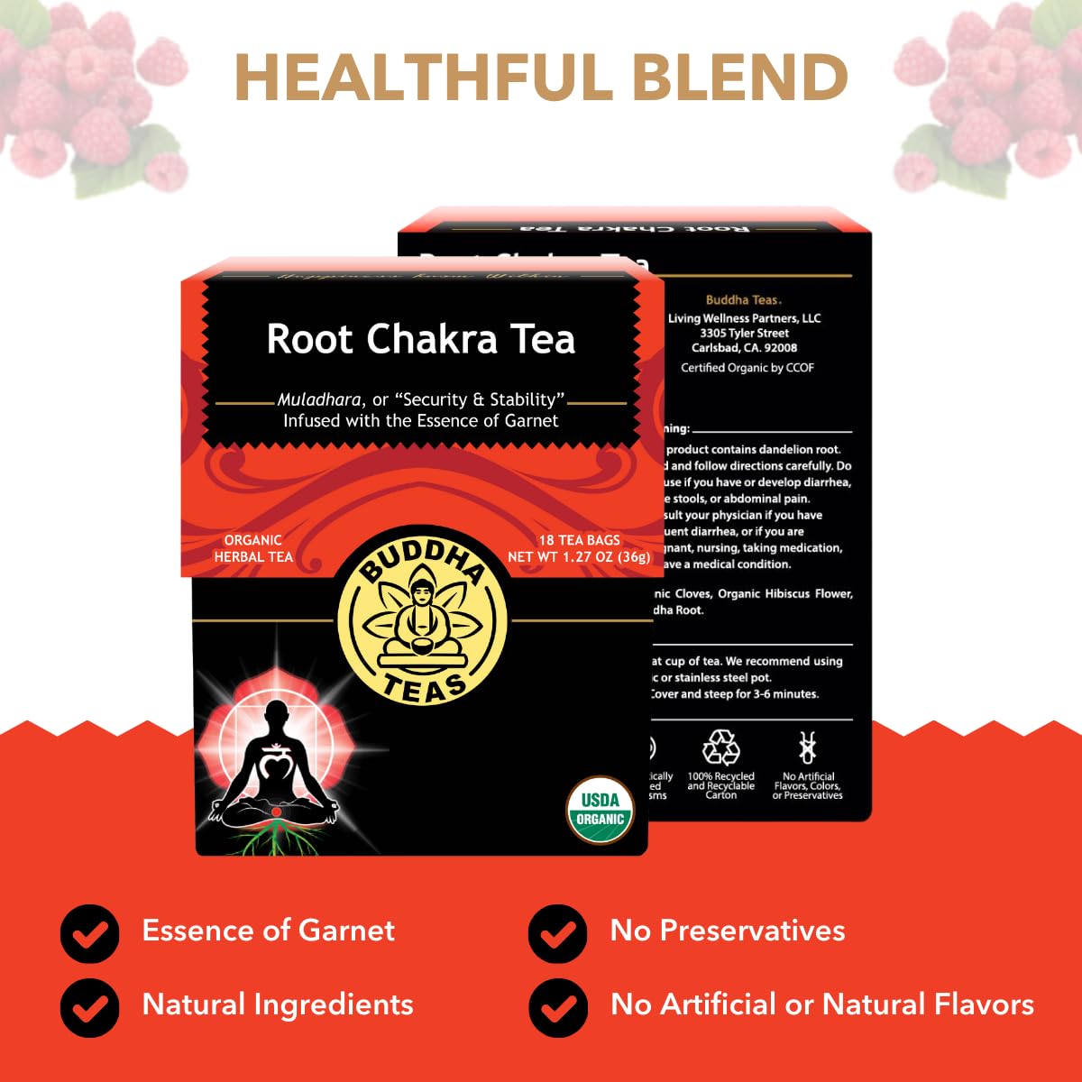 Buddha Teas - Root Chakra Tea - Organic Herbal Tea - For Security & Stability - With Ashwagandha Root, Raspberry Leaf, Cloves &