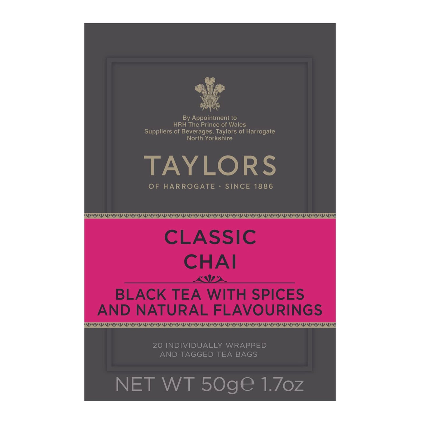 Taylors of Harrogate Classic Chai, Black Tea, Individually Wrapped Bags, 20 Count (Pack of 6), Spiced, Aromatic & Warming, Caffe