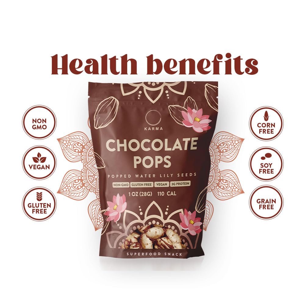 Karma Chocolate Popped Water Lily Seeds - 4g Protein, Gluten-Free, Vegan, Non-GMO - Rich Chocolate Flavor for Healthy Snacking O