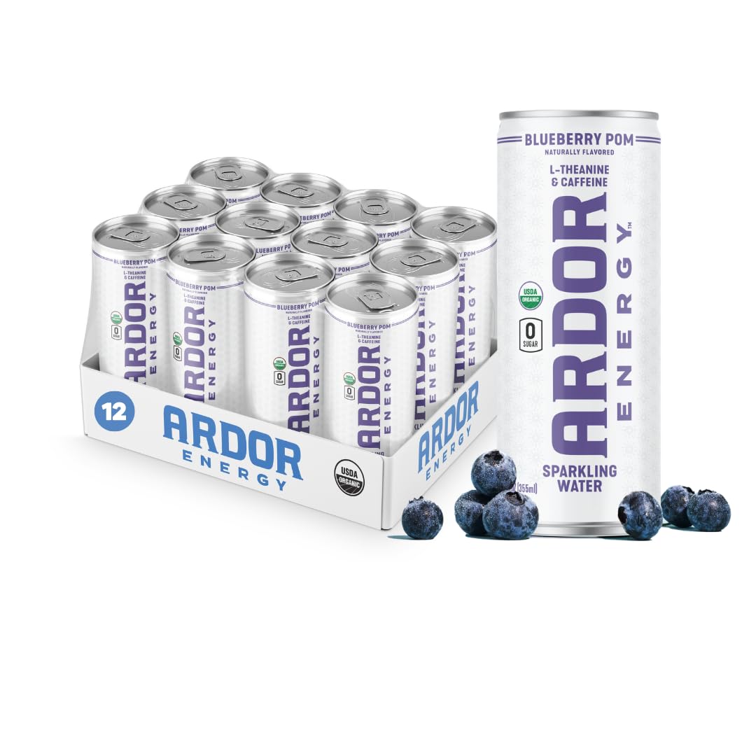 ARDOR Sparkling Water Blueberry Pom, 100mg Organic Caffeine, 200mg L-Theanine, 12 Fl Oz (Pack of 12), Vegan, Gluten Free