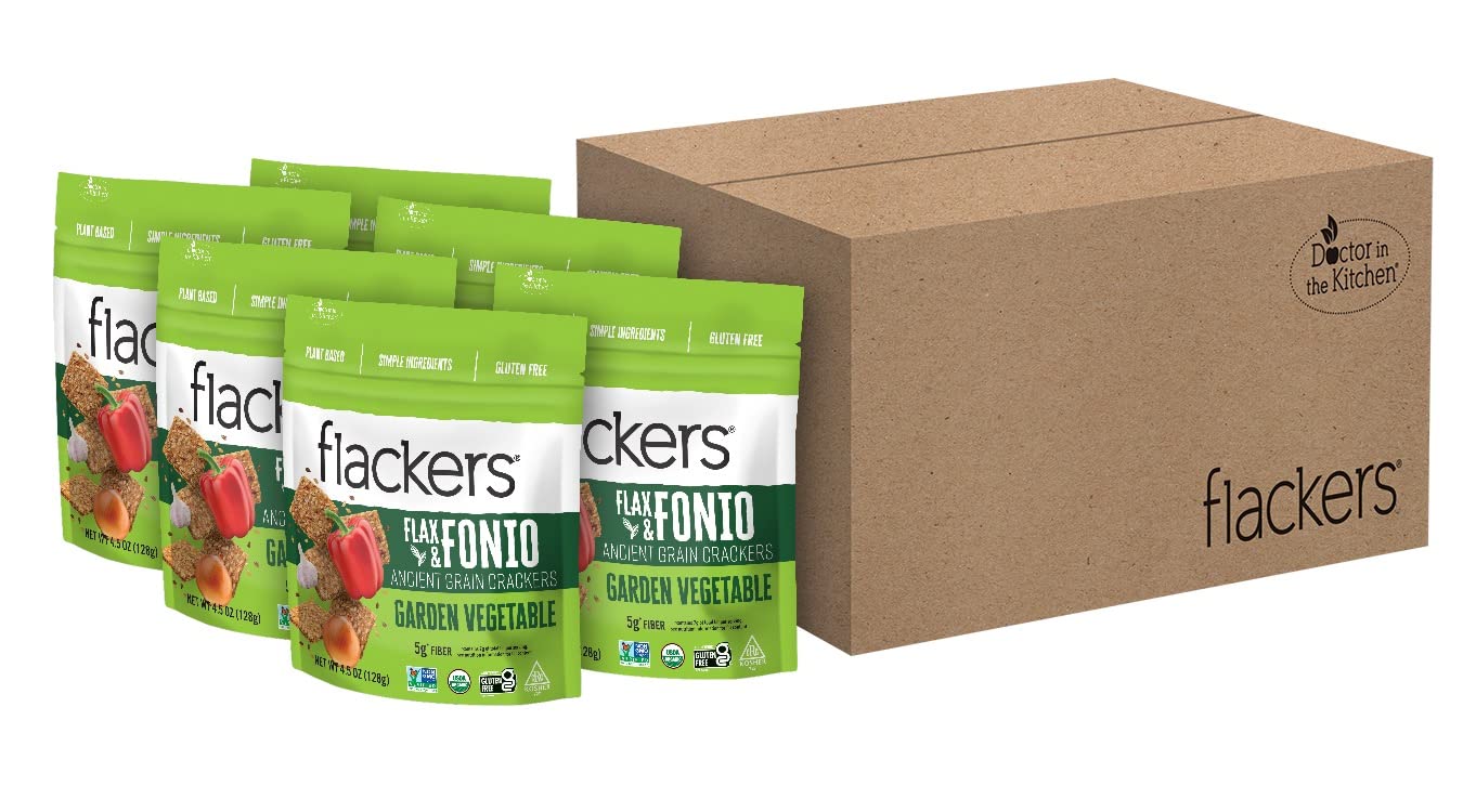 Flackers Organic Garden Vegetable Flax & Fonio Ancient Grain Crackers, Gluten Free, Vegan, Non Gmo, 9 Amino Acids, 4.5 Oz 6-Pack