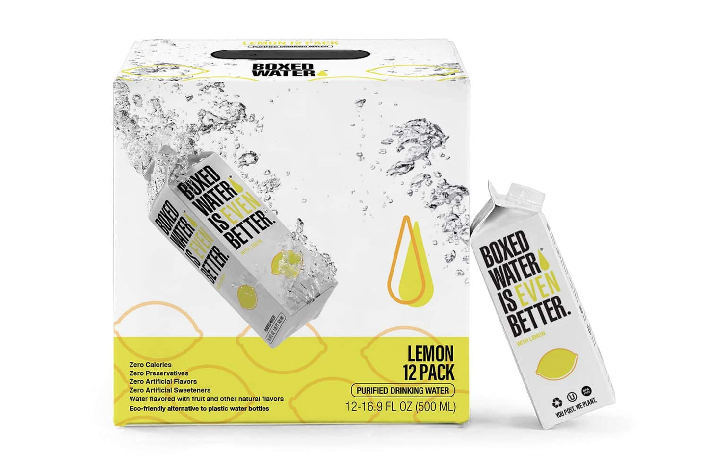 BOXED WATER IS BETTER Lemon Flavored Water - Purified, 16.9 oz. (12 Pack), Zero Calories, Plant-Based Boxes