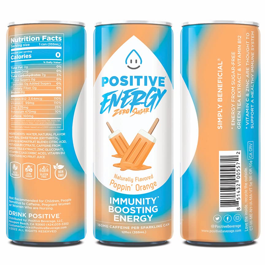 Positive Energy Beverage Poppin' Orange | 12-oz Can, Pack of 12 | Zero Sugar Energy Drink, Supports Immunity and Hydration